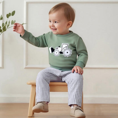 Toddler Baby Boy Fall Winter Outfit Long Sleeve Excavator Embroidery Pullover Plaid Wide Leg Pants Infant Clothes