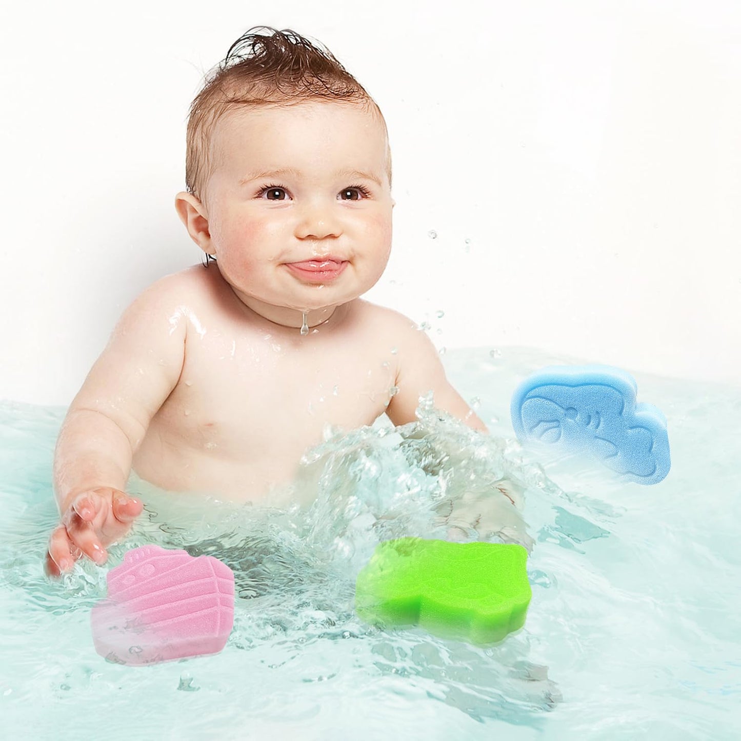 Baby Bath Sponge, Natural Cute Shapes Soft Shower Sponges for Bathing, Bathtub Foam for Infants and Toddler, 3pcs : Blue Dolphin, Pink Shell, Green Turtle