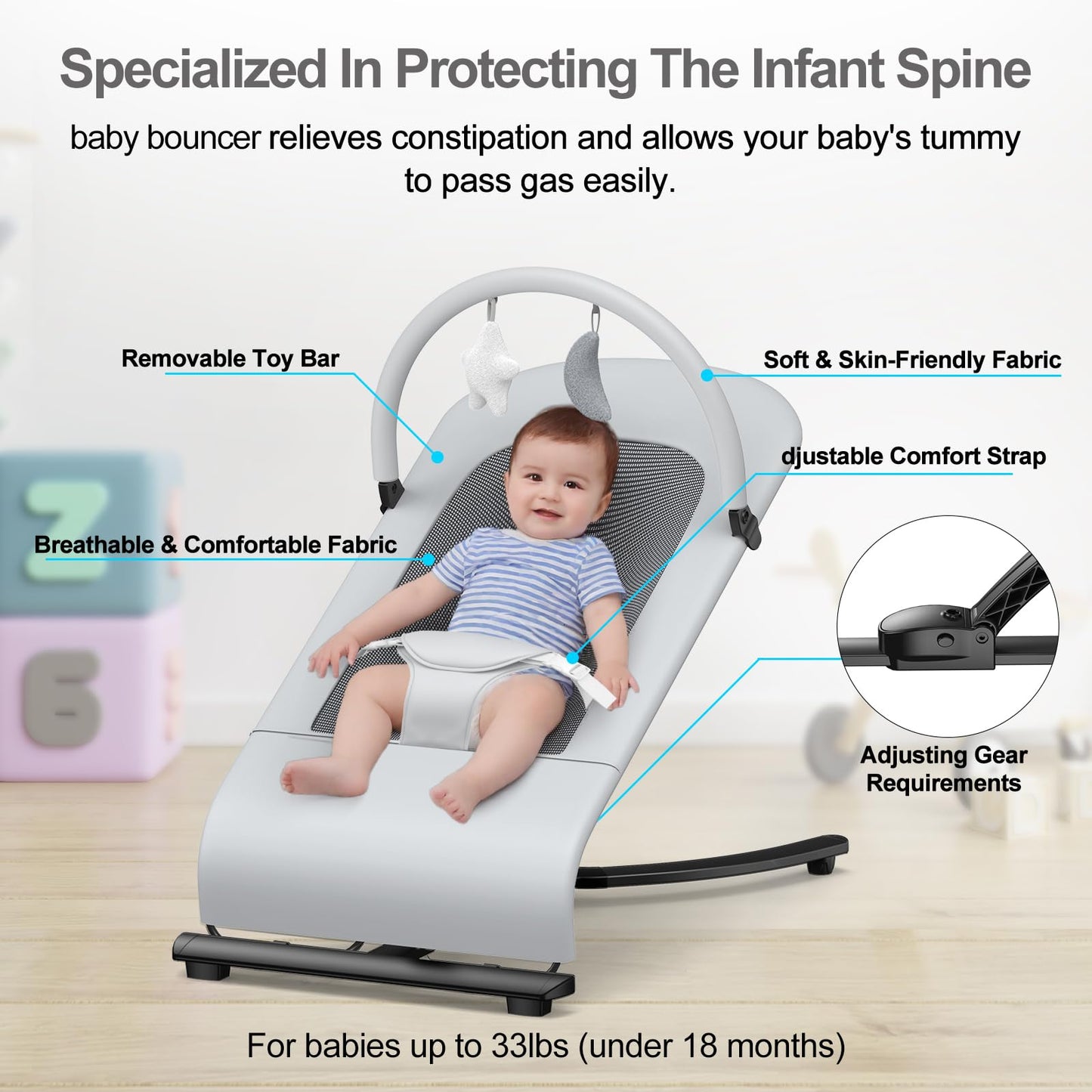 3-in-1 Portable Baby Bouncer & Rocker Chair for Newborn to Toddler - 4 Adjustable Recline Positions, Breathable Cotton Fabric, Natural Vibration, Supports Up to 33 lbs (Oatmeal Khaki)