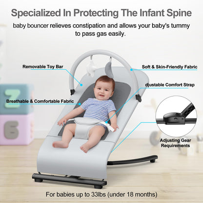 3-in-1 Portable Baby Bouncer & Rocker Chair for Newborn to Toddler - 4 Adjustable Recline Positions, Breathable Cotton Fabric, Natural Vibration, Supports Up to 33 lbs (Oatmeal Khaki)