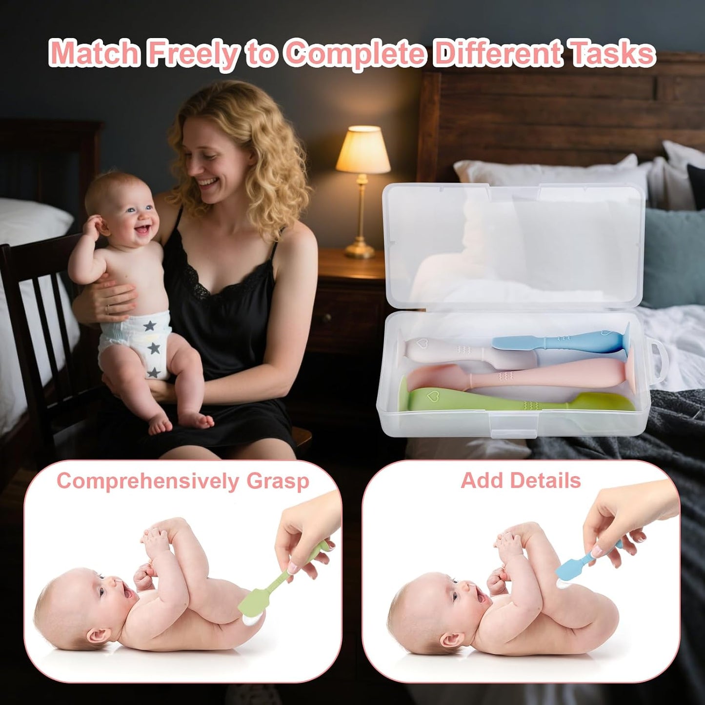 4-Pack Diaper Cream Spatula with Travel Box, Soft Baby Butt Spatula – Silicone Butt Paste Spatula, Convenient Diaper Spatula & Skin-Friendly Baby Butt Spatula