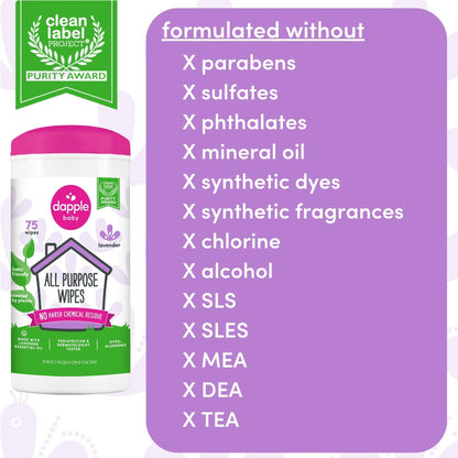All Purpose Wipes by Dapple Baby, Hypoallergenic Cleaning Wipes Powered by Plants, Hint of Lavender, 75 Count Canister (Pack of 2) + 30 Count (Pack of 2)