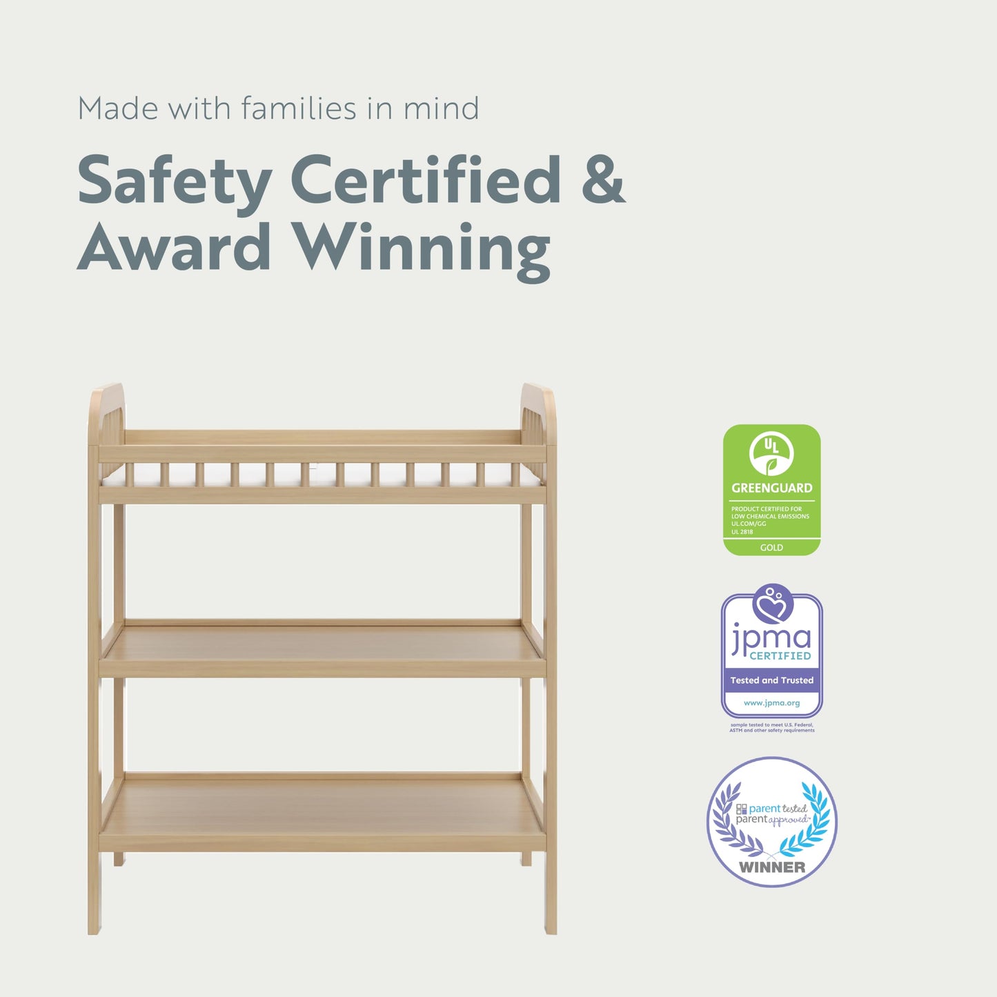 Storkcraft Pasadena Changing Table with Water-Resistant Changing Pad (Driftwood) - GREENGUARD Gold Certified, Includes Bonus Water-Resistant Changing Pad with Safety Strap, 2 Open Shelves