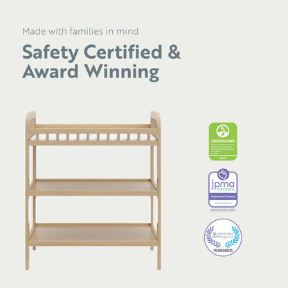 Storkcraft Pasadena Changing Table with Water-Resistant Changing Pad (Driftwood) - GREENGUARD Gold Certified, Includes Bonus Water-Resistant Changing Pad with Safety Strap, 2 Open Shelves