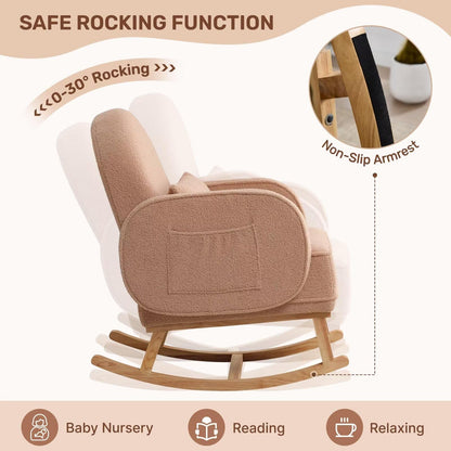 Rocking Chair with Ottoman, Upholstered Glider Rocker with High Backrest and Side Pocket, Rocking Accent Armchair with Solid Wood Legs for Nursery, Living Room, Bedroom Green