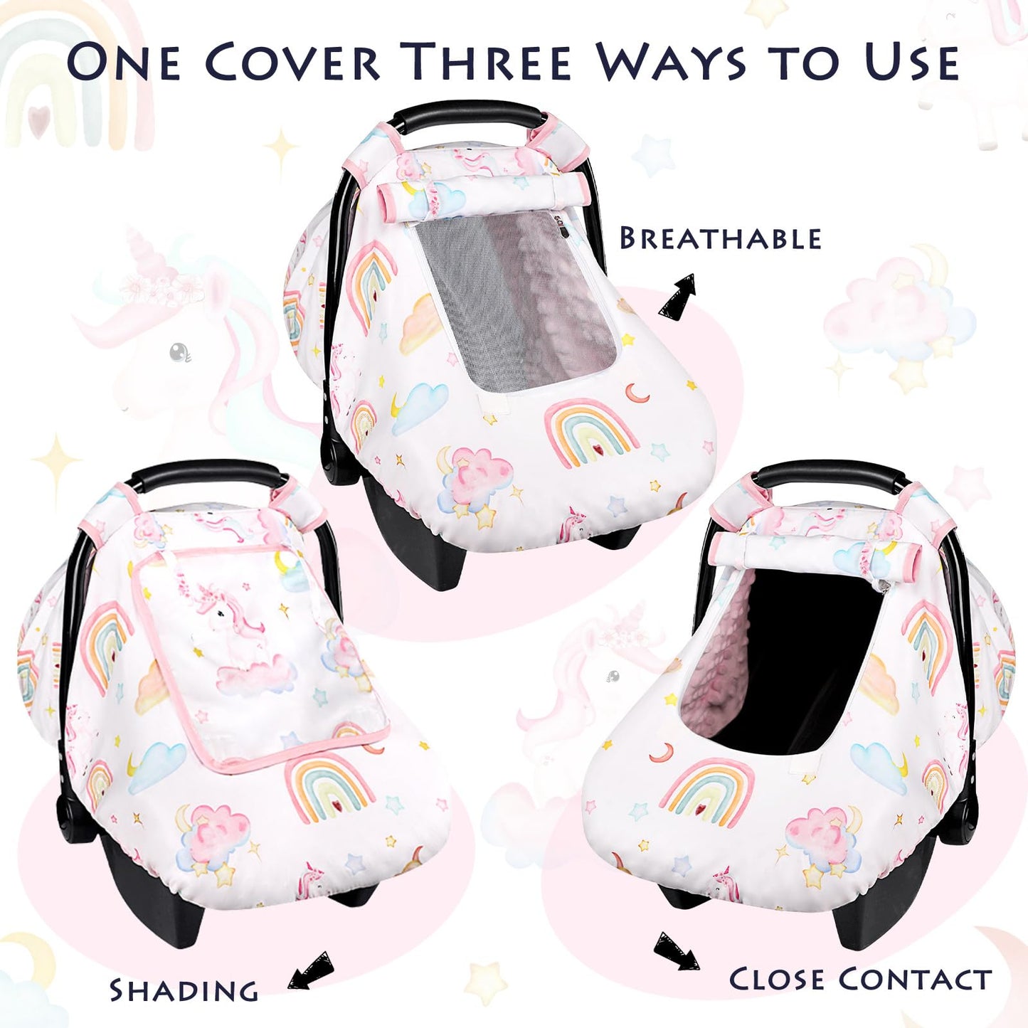Pea Pod Car Seat Cover Baby, Infant Car Seat Canopy Covers for Newborn with 2 Layers Windows of Breathable Mesh Fabric, Lightweight Polyester/Soft Minky Dot Backing (Floral & Rainbow)