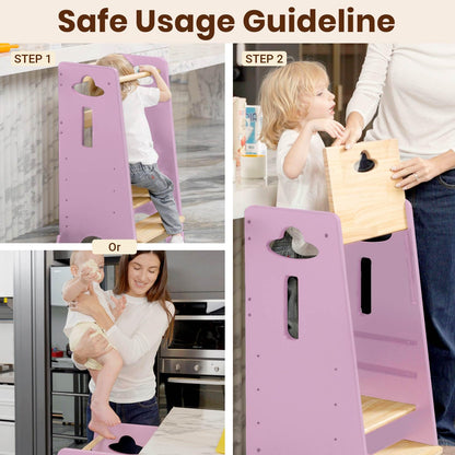 COSYLAND Toddler Standing Tower Adjustable Height - Super Stable Kids Kitchen Stool Helper - 3 Levels Adjustable Wooden Toddler Kitchen Stool (Natural & Navy Blue)