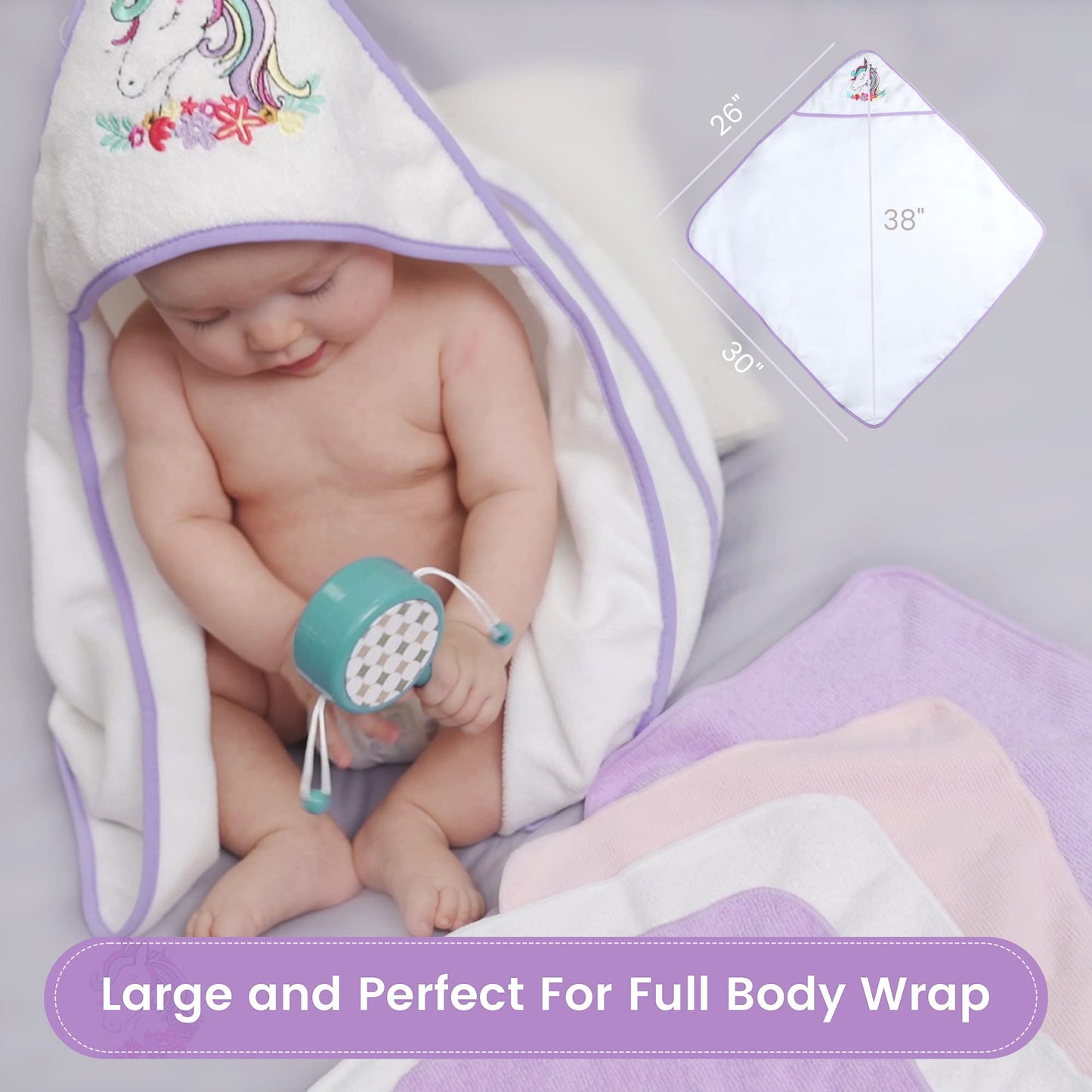 Viviland Baby Towels and Baby Wash Cloths Set Hooded Baby Towels Baby Wipes Absorbent Bath Face Towels Burp Cloths or Face Towels for Girl Boy 6-Pack Size 28 x 28 Inch(Elephant Flower)