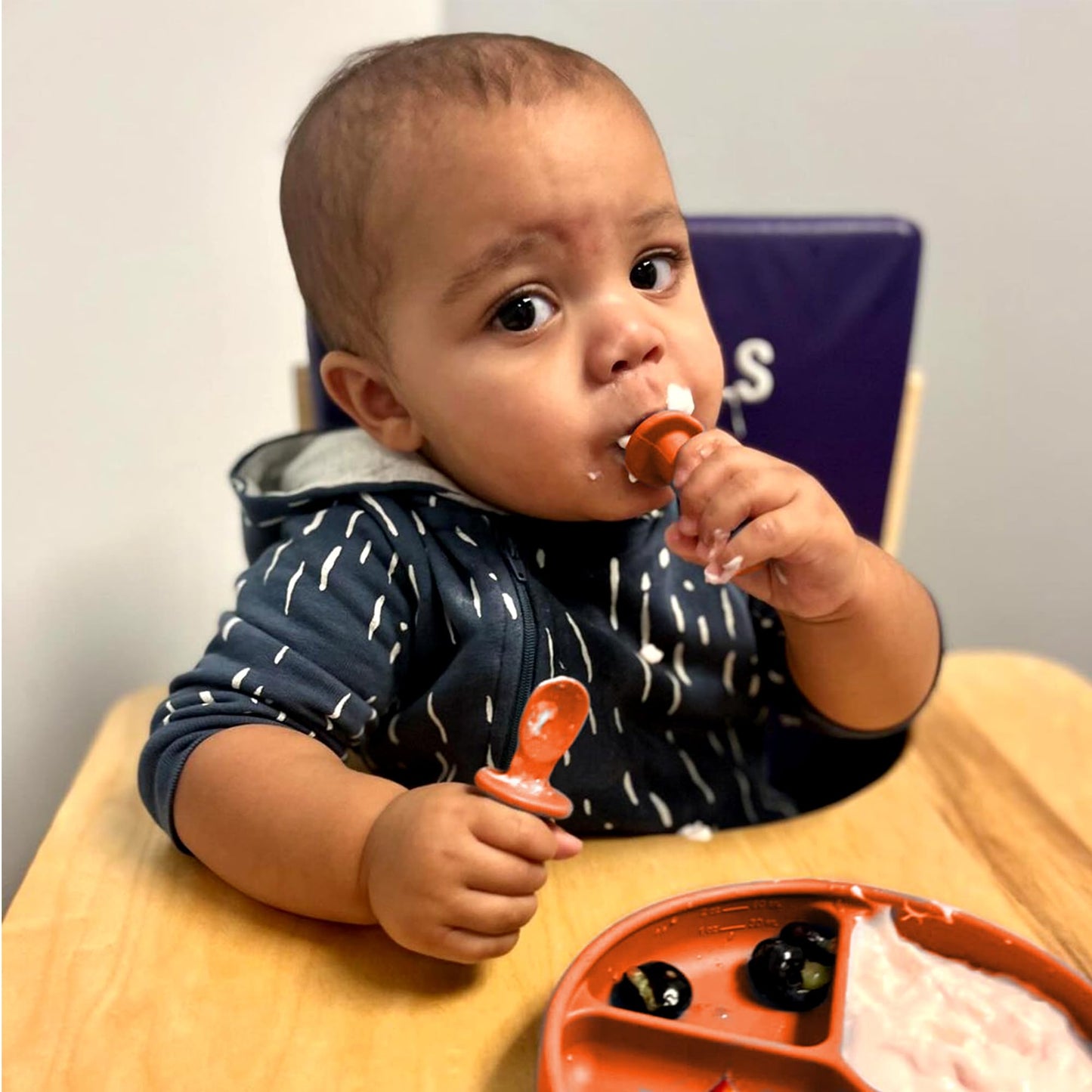 TalkTools ITSY Tiny Silicone Spoons – Twin Pack Soft Silicone Self-Feeding Training Spoons for Kids & Toddlers, Anti-Choking Flange Guard and Non-Slip Handle (Ocean)