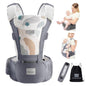 Bebamour Baby Carrier Newborn to Toddler-2 in 1 Hip Seat & Carrier Front and Back Carry with Head Hood & 3 Pieces Teething Pads& Waist Extenders & Storage Bag 0-36 Months (Grey)