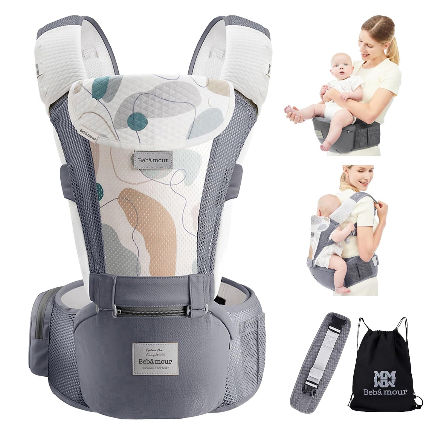 Bebamour Baby Carrier Newborn to Toddler-2 in 1 Hip Seat & Carrier Front and Back Carry with Head Hood & 3 Pieces Teething Pads& Waist Extenders & Storage Bag 0-36 Months (Green)