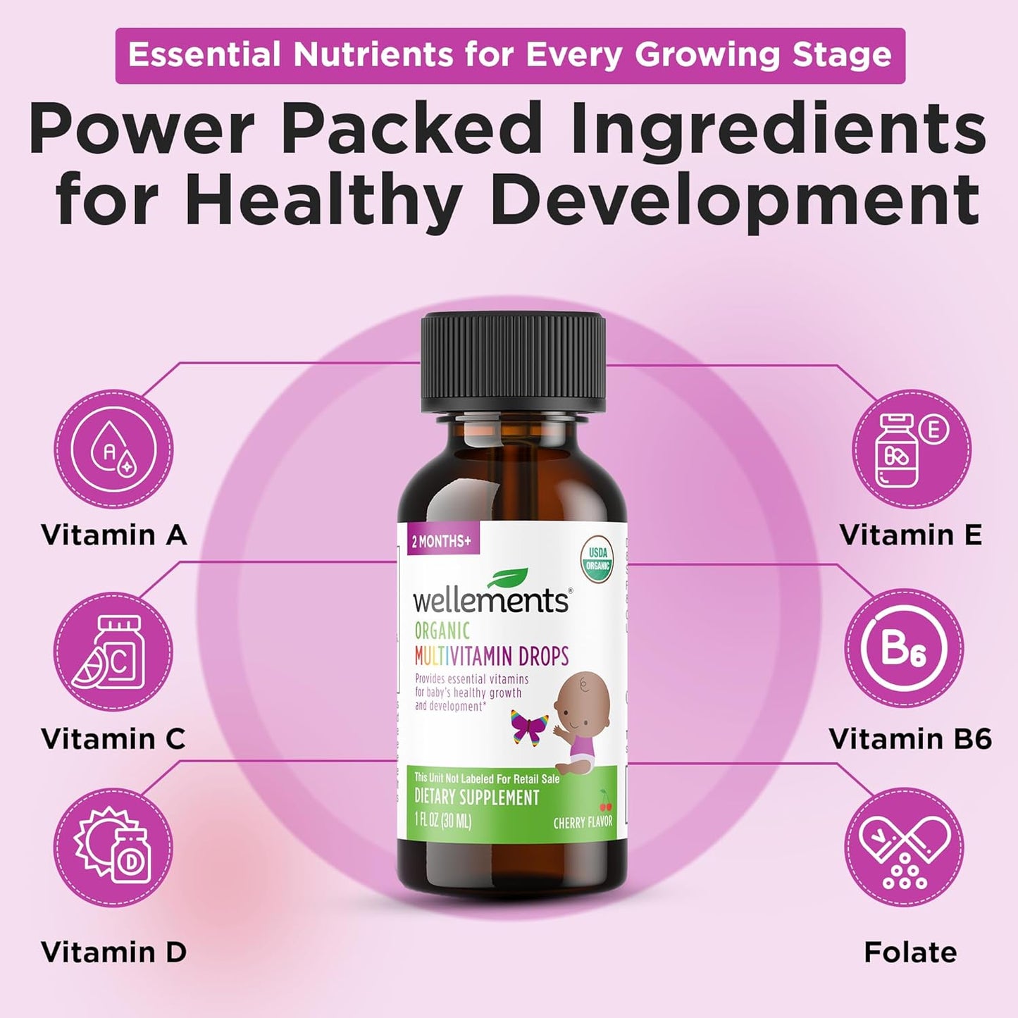 Wellements Organic Baby Multivitamin Drops (1 Fl Oz) - Cherry Flavor Liquid Multivitamins for Infants & Toddlers (2 Months+) - Toddler Vitamins for Immune Support*, Healthy Growth & Bone Development*