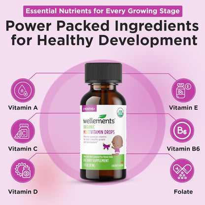 Wellements Organic Baby Multivitamin Drops (1 Fl Oz) - Cherry Flavor Liquid Multivitamins for Infants & Toddlers (2 Months+) - Toddler Vitamins for Immune Support*, Healthy Growth & Bone Development*