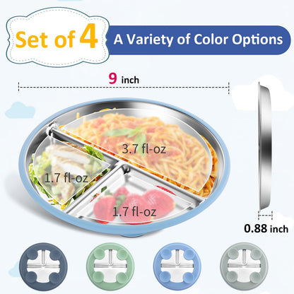 Stainless Steel Baby Plate with Suction, 9” Divided Toddler Plates with Removable Silicone Sleeves for Kids, Non-Toxic Non-Slip Unbreakable Dishwasher Safe Dinnerware Set of 2, Pink & Beige