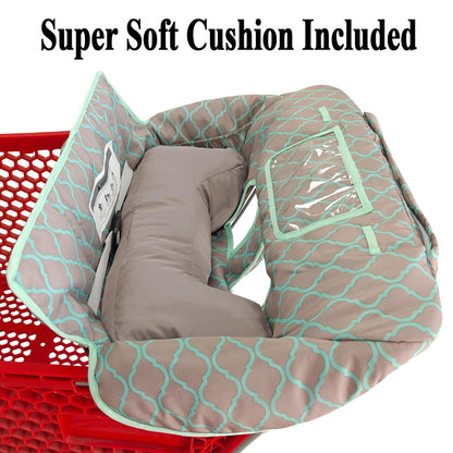 Soft Pillow Attached 2-in-1 Shopping Cart and High Chair Cover for Baby, Cotton Padded Cart Cover, Fold'n Roll Style, Portable with Carry Bag (Blue Elephant)