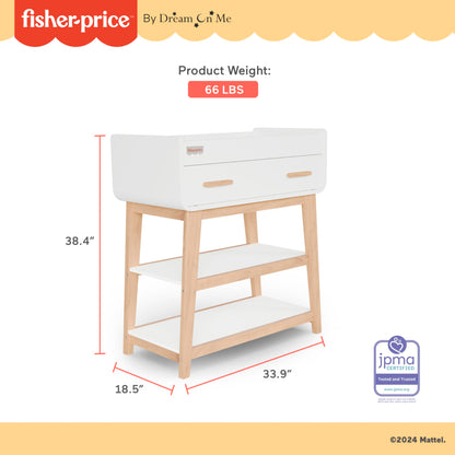 Fisher-Price Iris/Siesta Changing Table by Dream On Me, Blush Pink, JPMA & Greenguard Gold Certified, with a Bottom Closed Drawer and Two Open Shelves for Storage