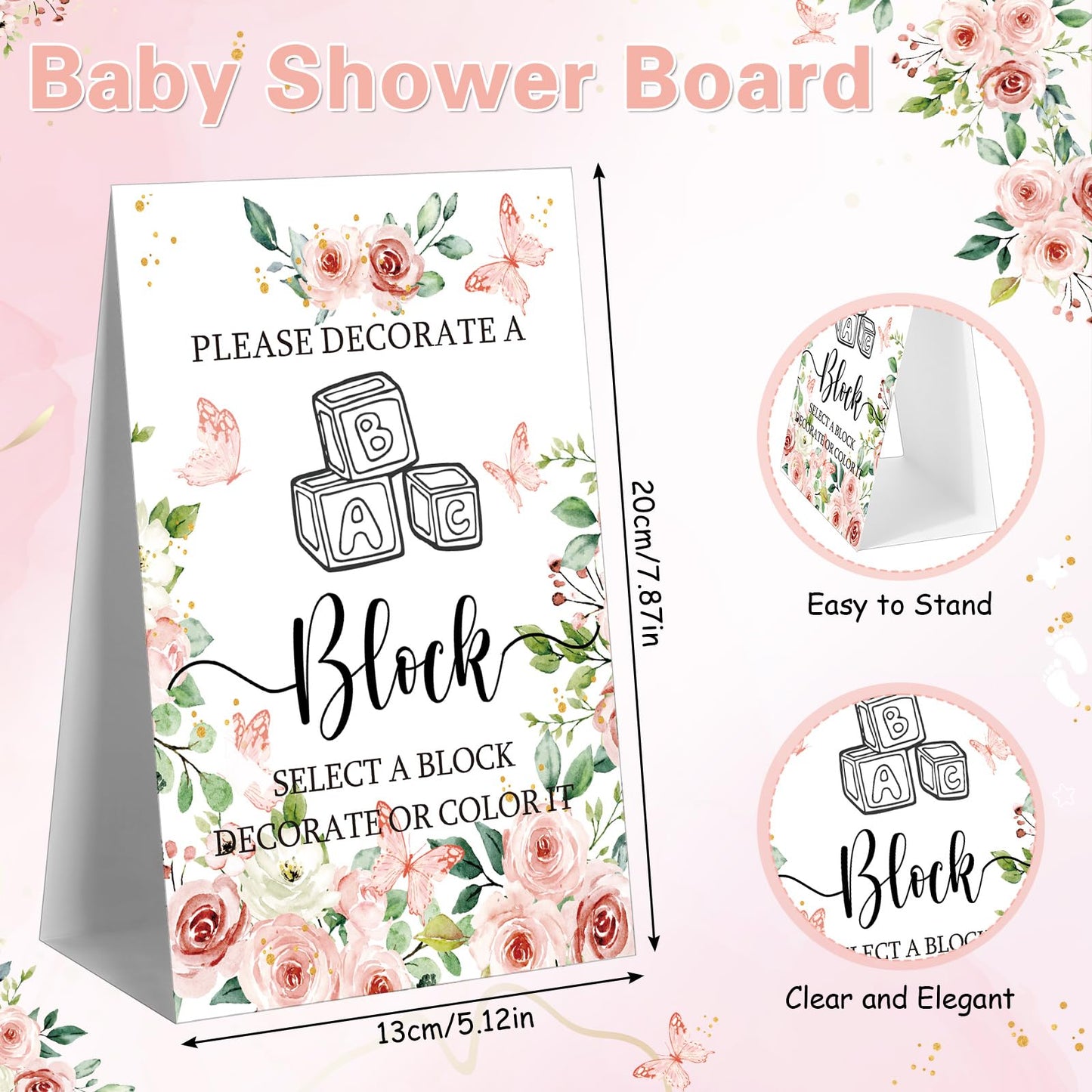 Marsui 136 Pcs Baby Shower Blocks to Decorate Game Kit Includes 98 Wooden Blocks, 36 Markers, 1 Game Sign, 1 Storage Box for Baby Shower Gender Reveal Activity Party Decorations(Pink Elephant)