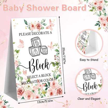Marsui 136 Pcs Baby Shower Blocks to Decorate Game Kit Includes 98 Wooden Blocks, 36 Markers, 1 Game Sign, 1 Storage Box for Baby Shower Gender Reveal Activity Party Decorations(Pink Elephant)
