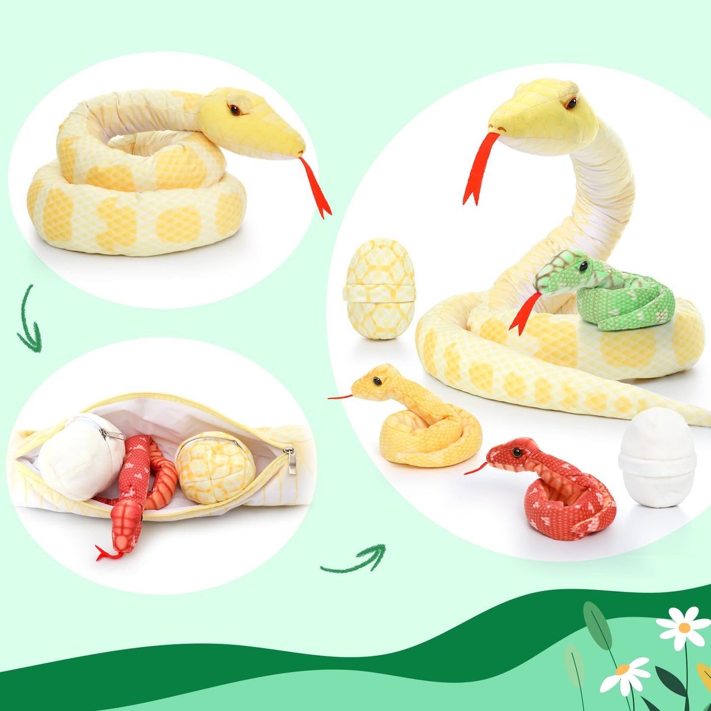 MorisMos Snake Stuffed Animals Plush Toy 120 Inch Giant Snake Plush with Babies Stuffed Snake Toys for Kids Plush Party Decorations Favors Prank Props, 4 Snake Babies, 3 Snake Eggs