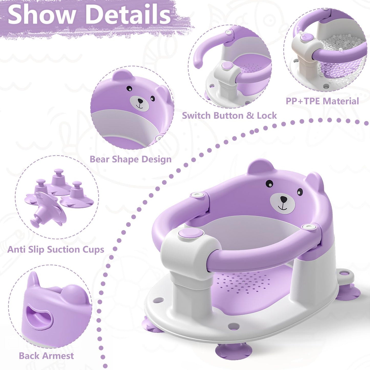 Baby Bath Seat for Babies 6 Months & Up, Toddler Bath Seats for Babies Sitting Up, Non-Slip Infant Bath Tub Chair with 4 Suction Cups & Soft Cushion for Shower, Compact Toddler Bathtub Seat, Pink