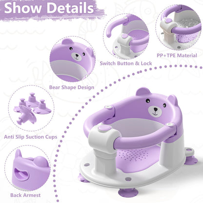 Baby Bath Seat for Babies 6 Months & Up, Toddler Bath Seats for Babies Sitting Up, Non-Slip Infant Bath Tub Chair with 4 Suction Cups & Soft Cushion for Shower, Compact Toddler Bathtub Seat, Pink