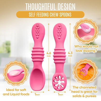 4pc Silicone Baby Spoons Self Feeding Baby Utensils 6-12 Months - 3 Baby Spoon - 1 Baby Fork - Toddler Cutlery Set - BPA Free, Dishwasher Safe, Baby Eating Essentials (Light pink/Army Green)