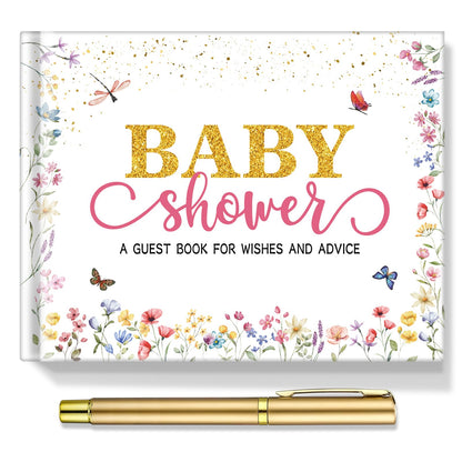 27 Pcs Butterfly Floral Baby Shower Guest Book Set Baby Shower Sign in Guest Floral Book Place Table Cards with Gold Pen Adhesive Photo Corner for Birthday Party