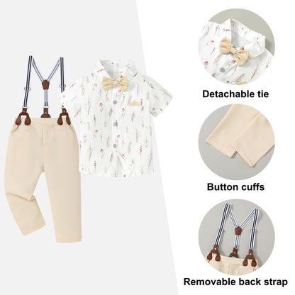 CARETOO Toddler Boy Clothes Suit Gentleman Wedding Outfits Kids Formal Dress Shirt Bowtie Long Suspender Pants Overalls 1-5T