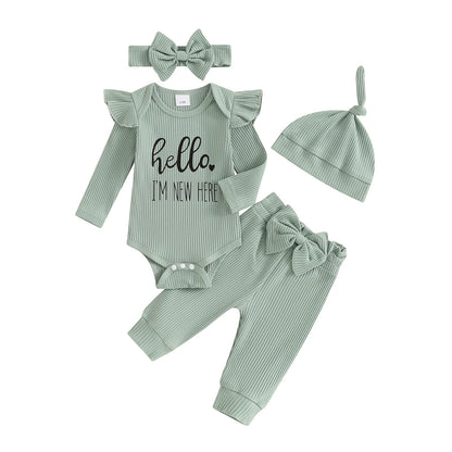 Hello World Newborn Outfit Baby Girl Going Home Outfit Ruffle Ribbed Romper Top Floral Pants Set Cute Summer Clothes