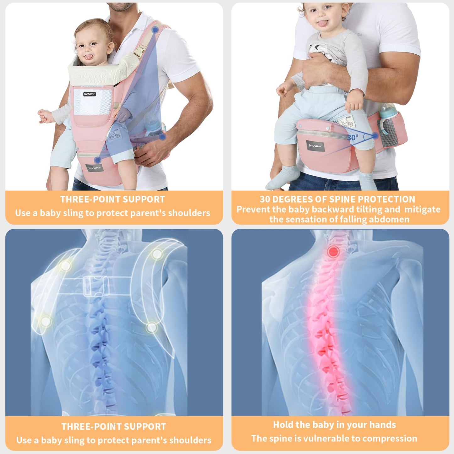 KIYUMI Baby Carrier with Hip Seat, 6- in-1 Baby Carrier Newborn to Toddler, Ergonomic M Position with Head Support and Breathable Mesh,Adjustable Removable Baby Sling Carrier (7-45 lbs) BXLU