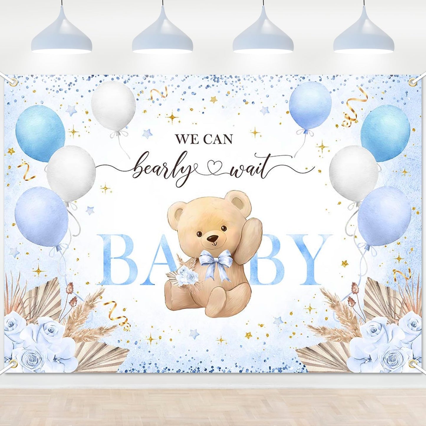 Blue Bear Baby Shower Backdrop 6x3.6 ft We Can Bearly Wait Banner for Boy Bear Baby Shower Decorations Newborn Photo Props Background