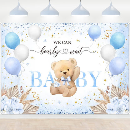 Blue Bear Baby Shower Backdrop 6x3.6 ft We Can Bearly Wait Banner for Boy Bear Baby Shower Decorations Newborn Photo Props Background
