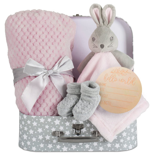 Baby Blue Bunny Security Blanket & Keepsake Box - Soft Fleece, Booties & Gift Basket - Unique Newborn Present