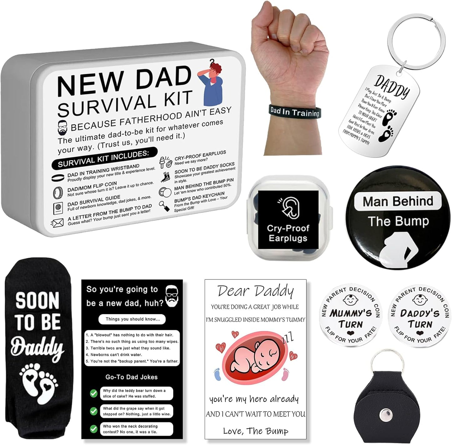 Funny New Dad Gift Set – 8-Piece First-Time Dad Kit for Baby Shower & Gender Reveal – Includes Socks, Decision Coin, Keychain, Guide Card, Wristband & More – Unique Gift for Expecting Fathers!