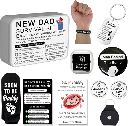 Funny New Dad Gift Set – 8-Piece First-Time Dad Kit for Baby Shower & Gender Reveal – Includes Socks, Decision Coin, Keychain, Guide Card, Wristband & More – Unique Gift for Expecting Fathers!