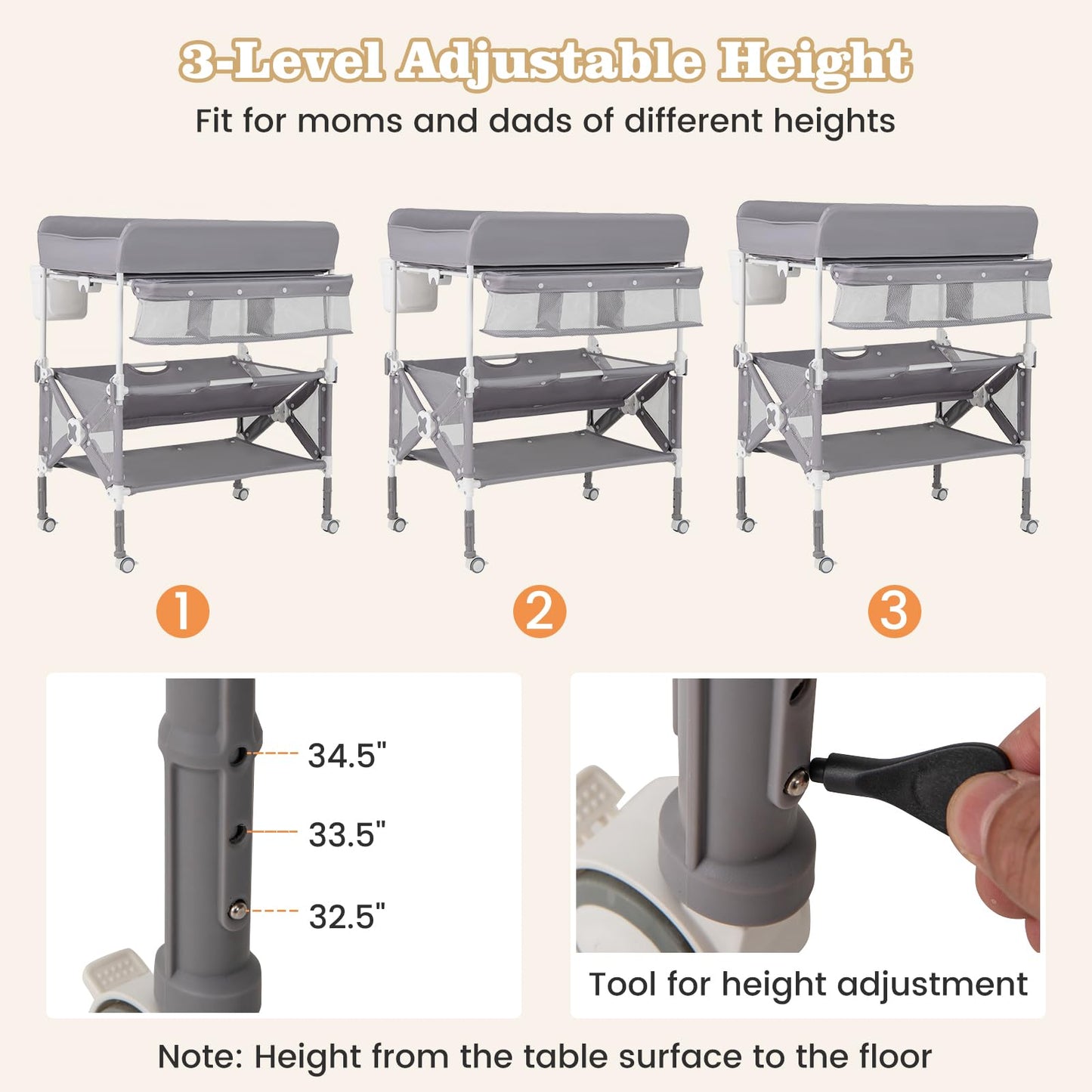 BABY JOY Portable Baby Changing Table, Foldable Waterproof Diaper Changing Station w/Wheels, Adjustable Height, Storage Basket, Shelves & Trash Bin, Mobile Nursery Organizer for Newborn Infant, Beige