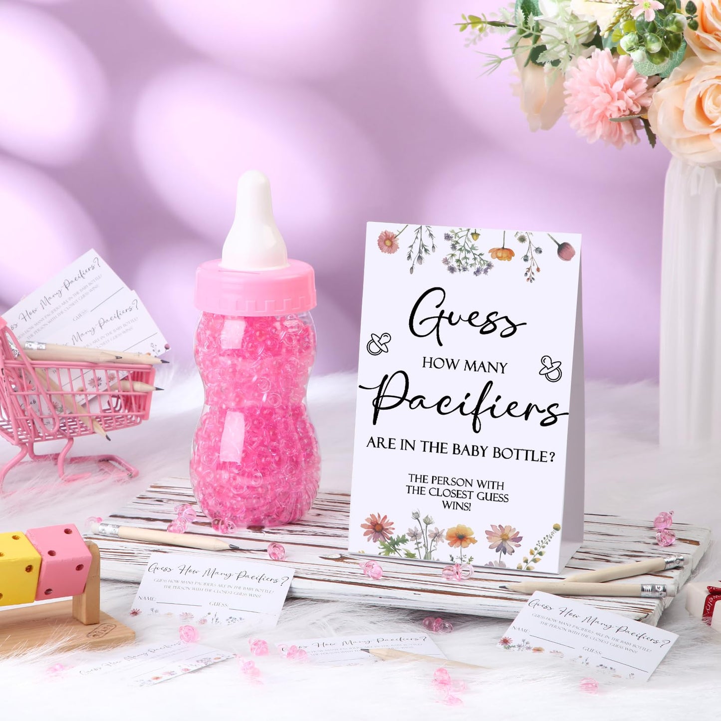 Roowest 512 Pcs Baby Shower Games Guess How Many Pacifiers Sign 100 Small Guessing Games 10 HB Pencils 750ml Milk Bottle 400 Acrylic Pacifiers Decoration for Guest Gender Reveal(Pink,Bear)