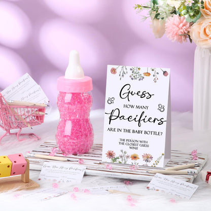 Roowest 512 Pcs Baby Shower Games Guess How Many Pacifiers Sign 100 Small Guessing Games 10 HB Pencils 750ml Milk Bottle 400 Acrylic Pacifiers Decoration for Guest Gender Reveal(Pink,Bear)
