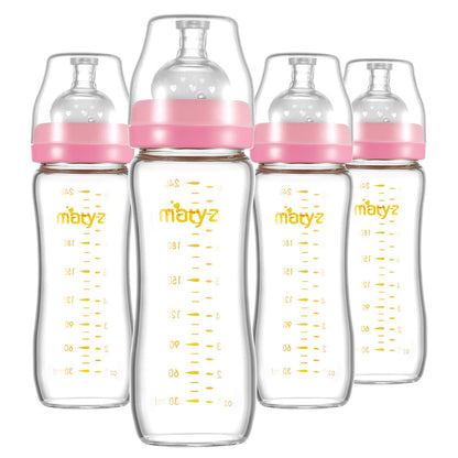 Matyz 8 Ounce Glass Baby Feeding Bottle With Nipple - Light and Slim, Easy to Hold and Clean - Food Grade Borosilicate Glass, Wide Neck for Breastmilk Feeding, No BPA (Pink Lids)