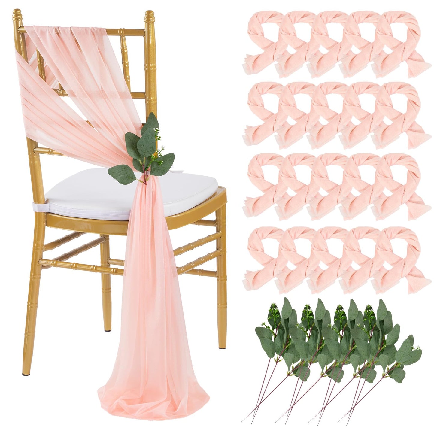 QueenDream Light Blue Sashes Chair Aisle Decorations: 24 Pack Baby Shower Chair Cover 8FT Long Tulle Draping Fabric Wedding Reception Church