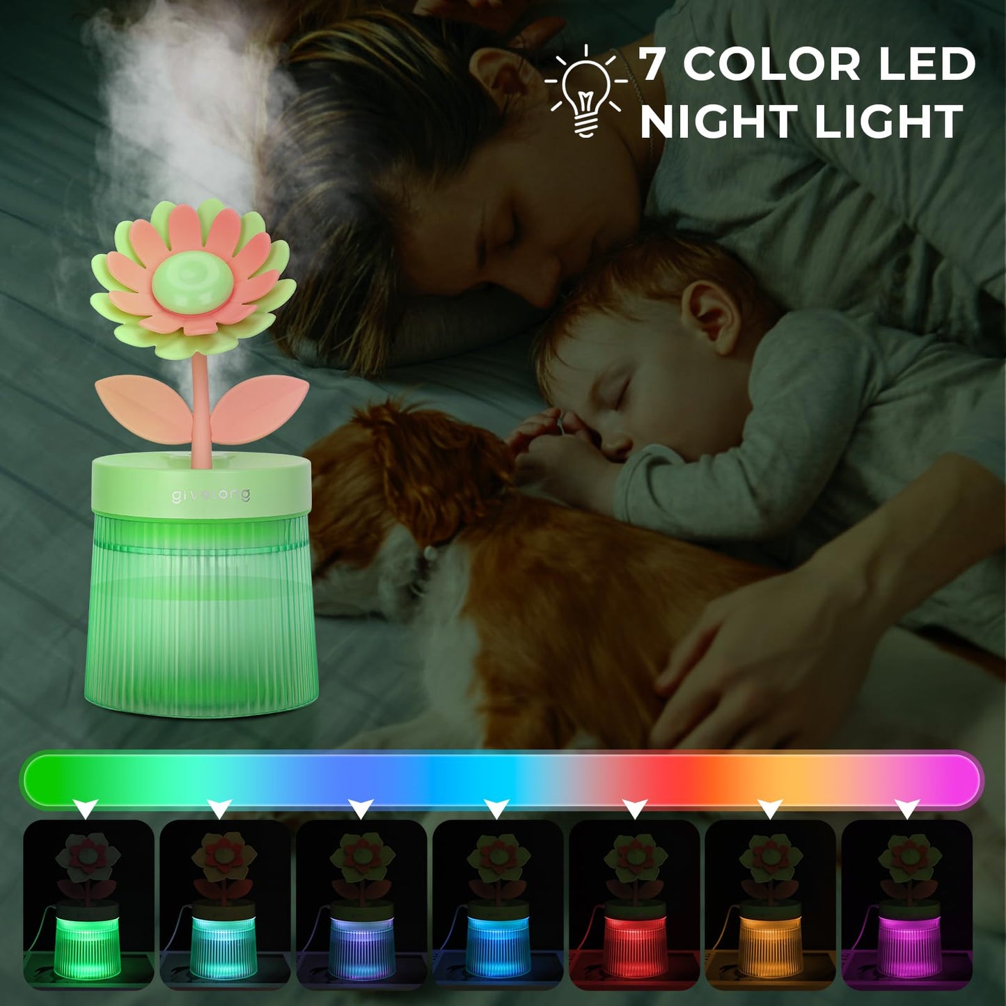 Cute Flower Mini Humidifier, 260ml Gardenia Desktop Humidifiers for Bedroom, Portable Small Cool Mist Humidification for Home, Baby Nursery, Office & Indoor Plants, USB Powered (Pink)