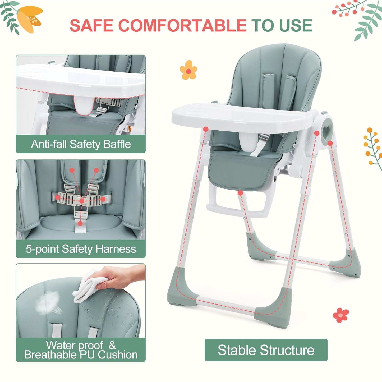 Foldable Baby High Chair with Adjustable Height, 5 Recline Positions & Removable Double Tray - Easy Clean, Space-Saving Infant Highchair for Toddlers, 5-Point Harness & Compact Design