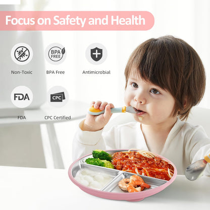 Stainless Steel Baby Plate with Suction, 9” Divided Toddler Plates with Removable Silicone Sleeves for Kids, Non-Toxic Non-Slip Unbreakable Dishwasher Safe Dinnerware Set of 2, Pink & Beige