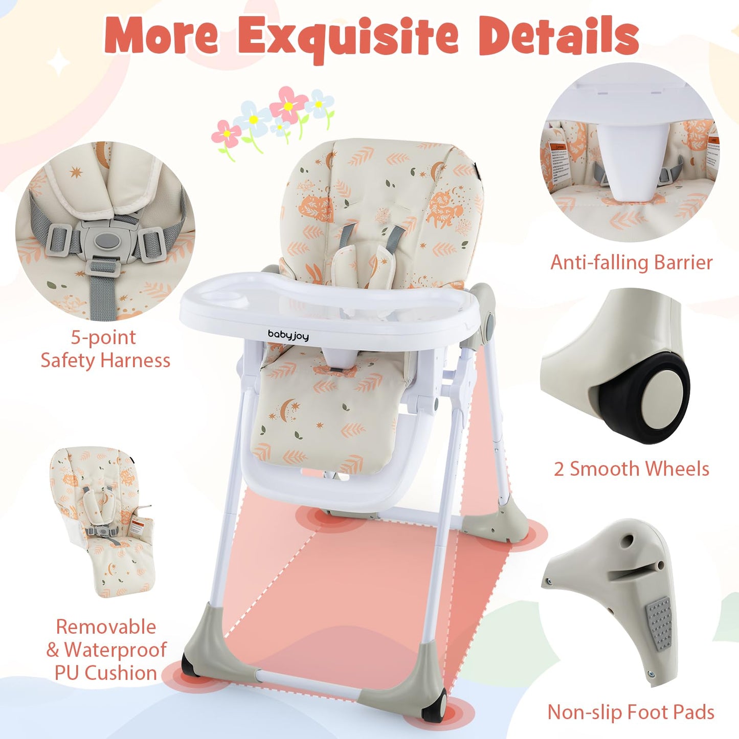 BABY JOY Convertible High Chair for Babies & Toddlers, Height Adjustable, Grow & Go High Chair w/Recline & Footrest, Removable Double Tray, Portable Baby Dinning Chair with Wheels (Beige)