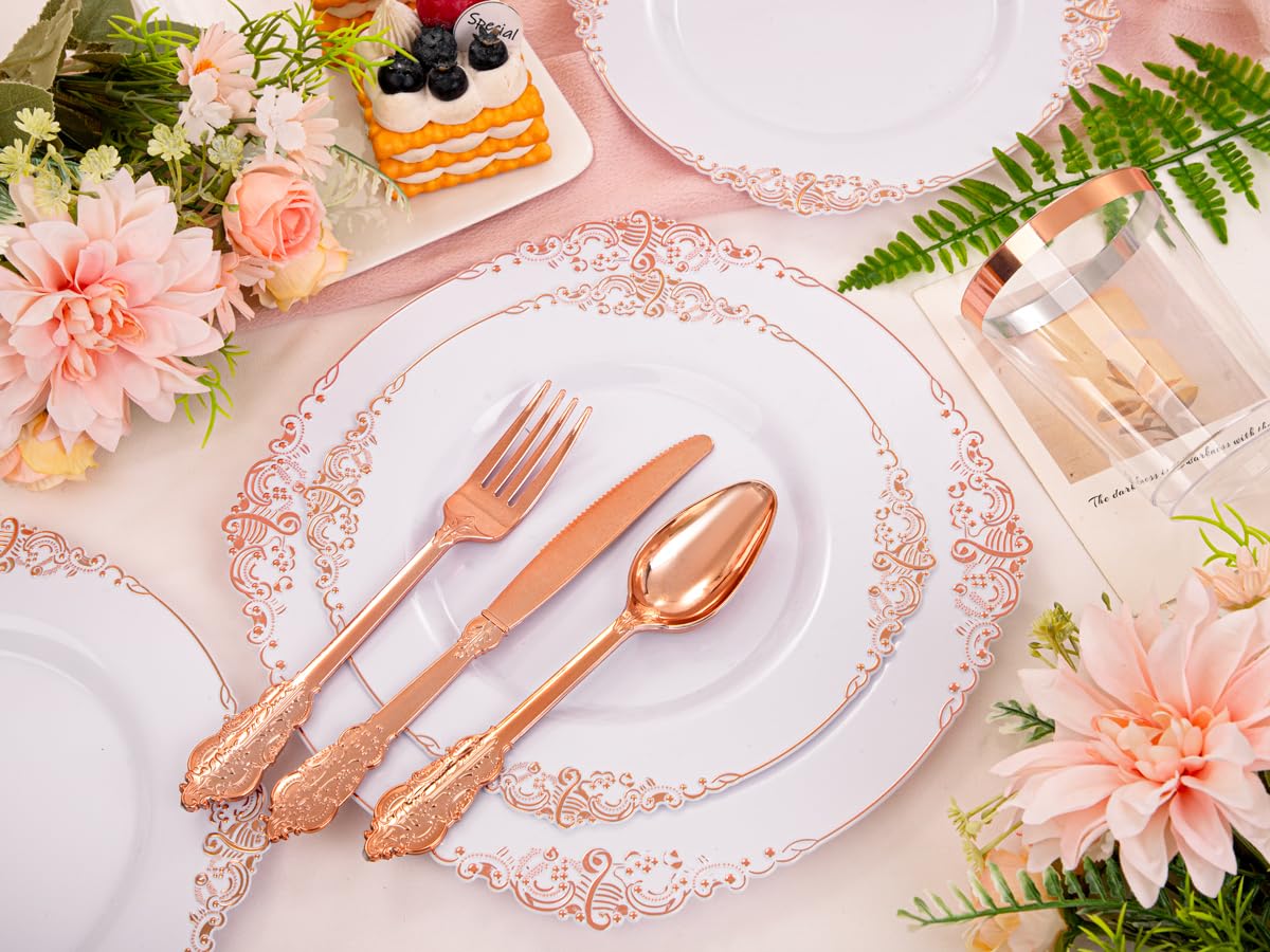 Morejoy 175PCS Rose Gold & Silver Plastic Dinnerware Set: 25 Plates, 25 Forks, 25 Knives, 25 Spoons, 25 Cups, 25 Napkins - Perfect for Wedding & Party