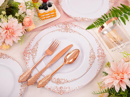 Morejoy 175PCS Rose Gold & Silver Plastic Dinnerware Set: 25 Plates, 25 Forks, 25 Knives, 25 Spoons, 25 Cups, 25 Napkins - Perfect for Wedding & Party