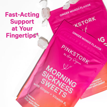 Pink Stork Morning Sickness Sweets, Organic Raspberry Ginger Candy with Vitamin B6, Support for Motion Sickness, Prenatal Heartburn - Pregnancy Must Haves - 30 Wrapped Drops