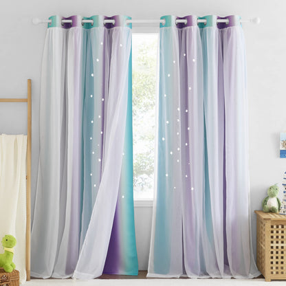 NICETOWN Nursery Curtains for Kids, Farmhouse Blackout Curtain Panels for Bedroom, Double Layer Star Hollow-Out Grommet Aesthetic Living Room Toddler Window Curtains, 2 Pcs, W52 x L84, Biscotti Beige