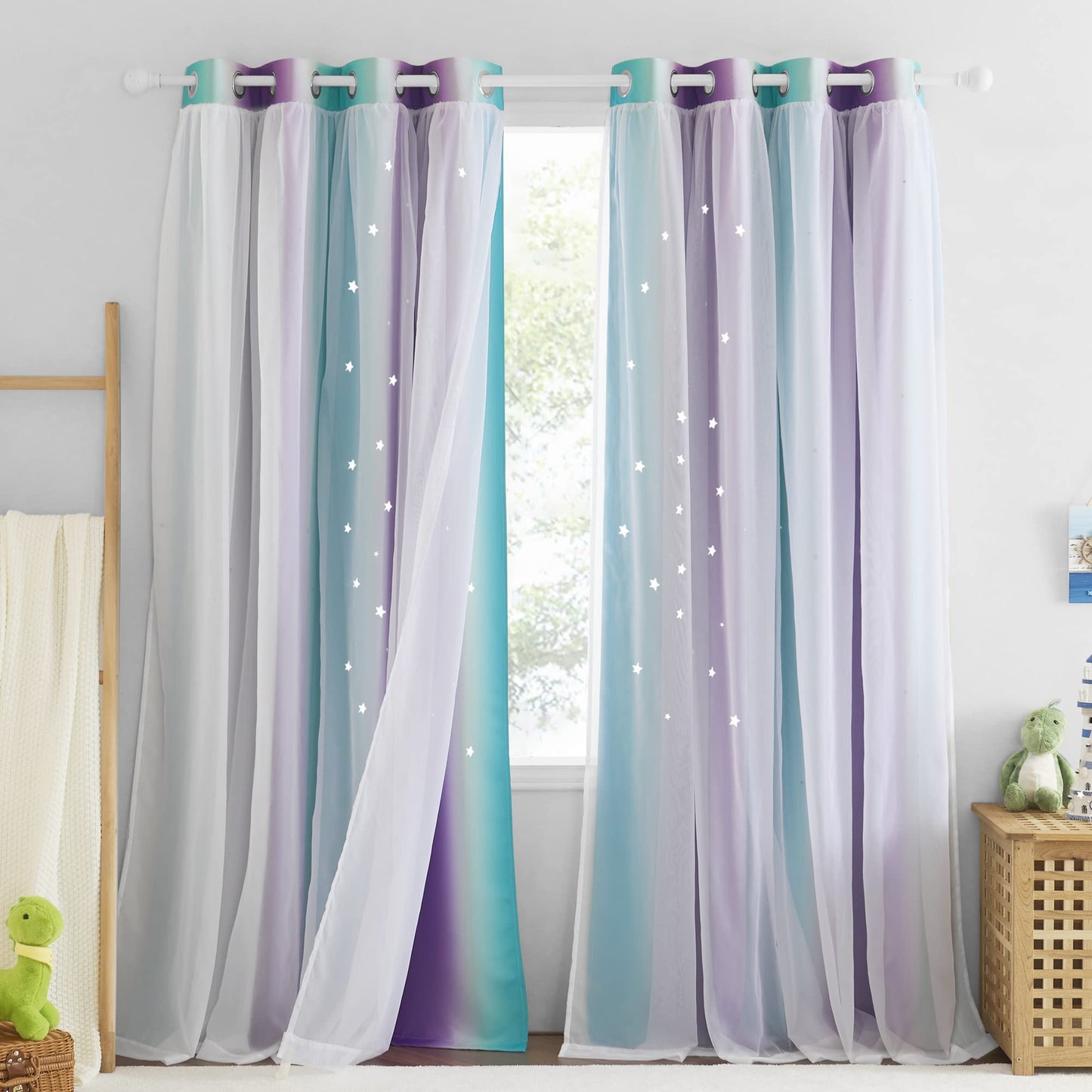 NICETOWN Nursery Curtains for Kids, Farmhouse Blackout Curtain Panels for Bedroom, Double Layer Star Hollow-Out Grommet Aesthetic Living Room Toddler Window Curtains, 2 Pcs, W52 x L84, Biscotti Beige