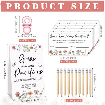 Roowest 512 Pcs Baby Shower Games Guess How Many Pacifiers Sign 100 Small Guessing Games 10 HB Pencils 750ml Milk Bottle 400 Acrylic Pacifiers Decoration for Guest Gender Reveal(Pink,Bear)